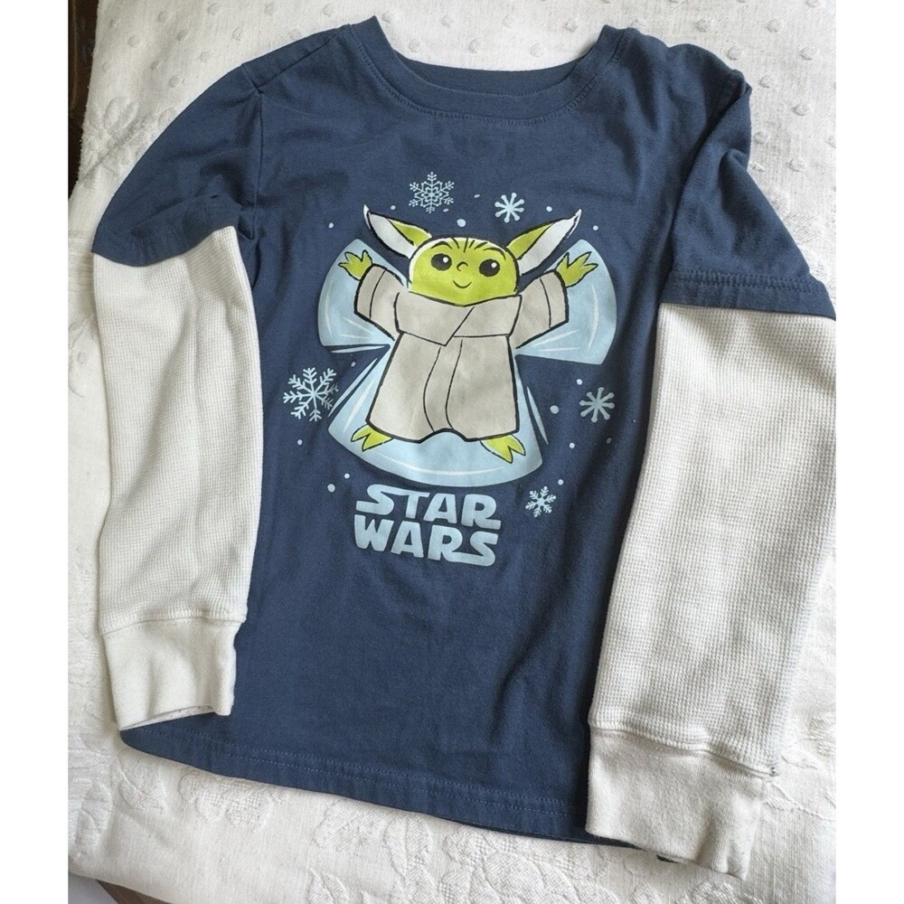 Jumping Beans Star Wars Grogu Yoda Blue Long Sleeve Shirt T-Shirt 8 Waffle EUC